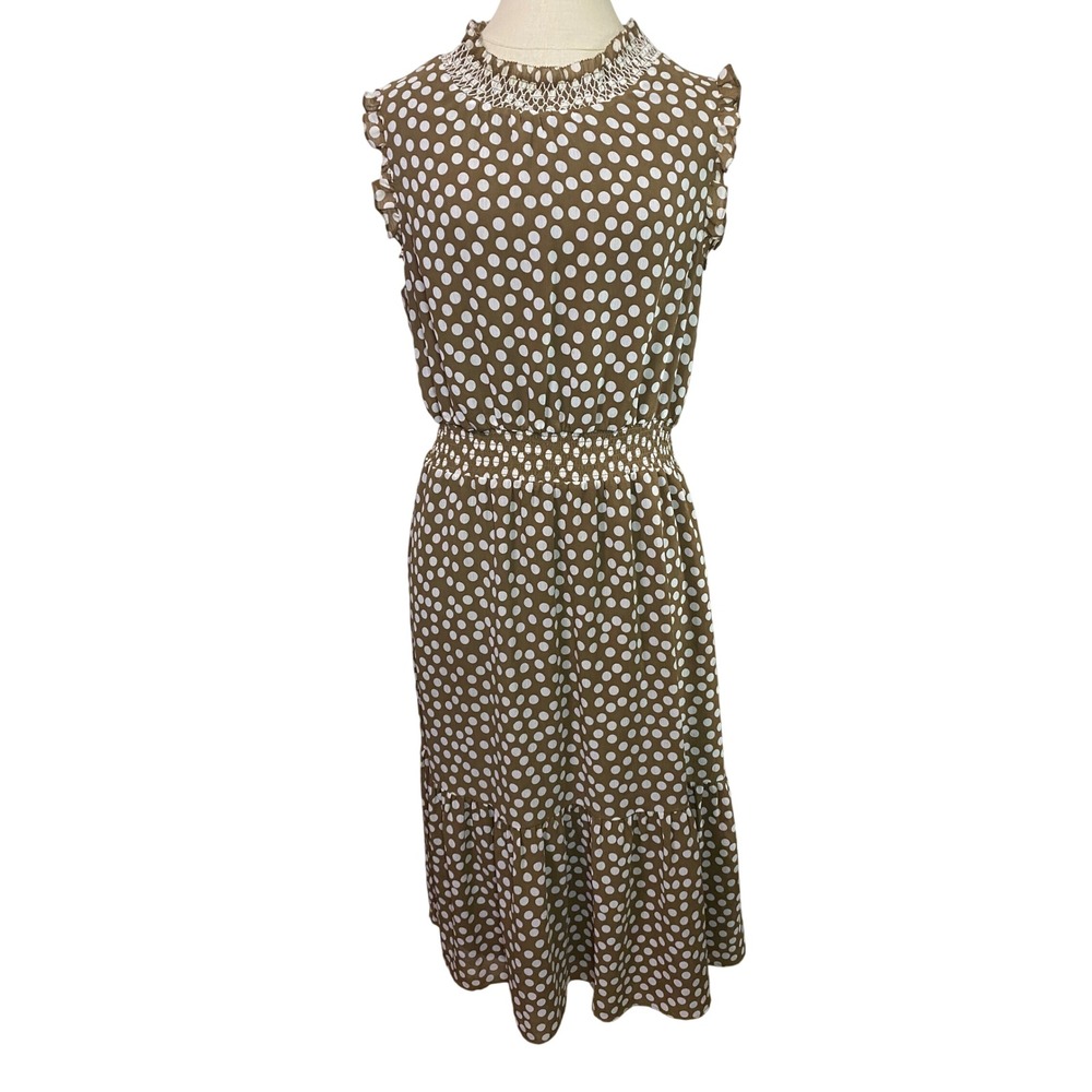 J Crew Brown Polka Dot Smocked Mock Neck Ruffle Midi Dress Size Small